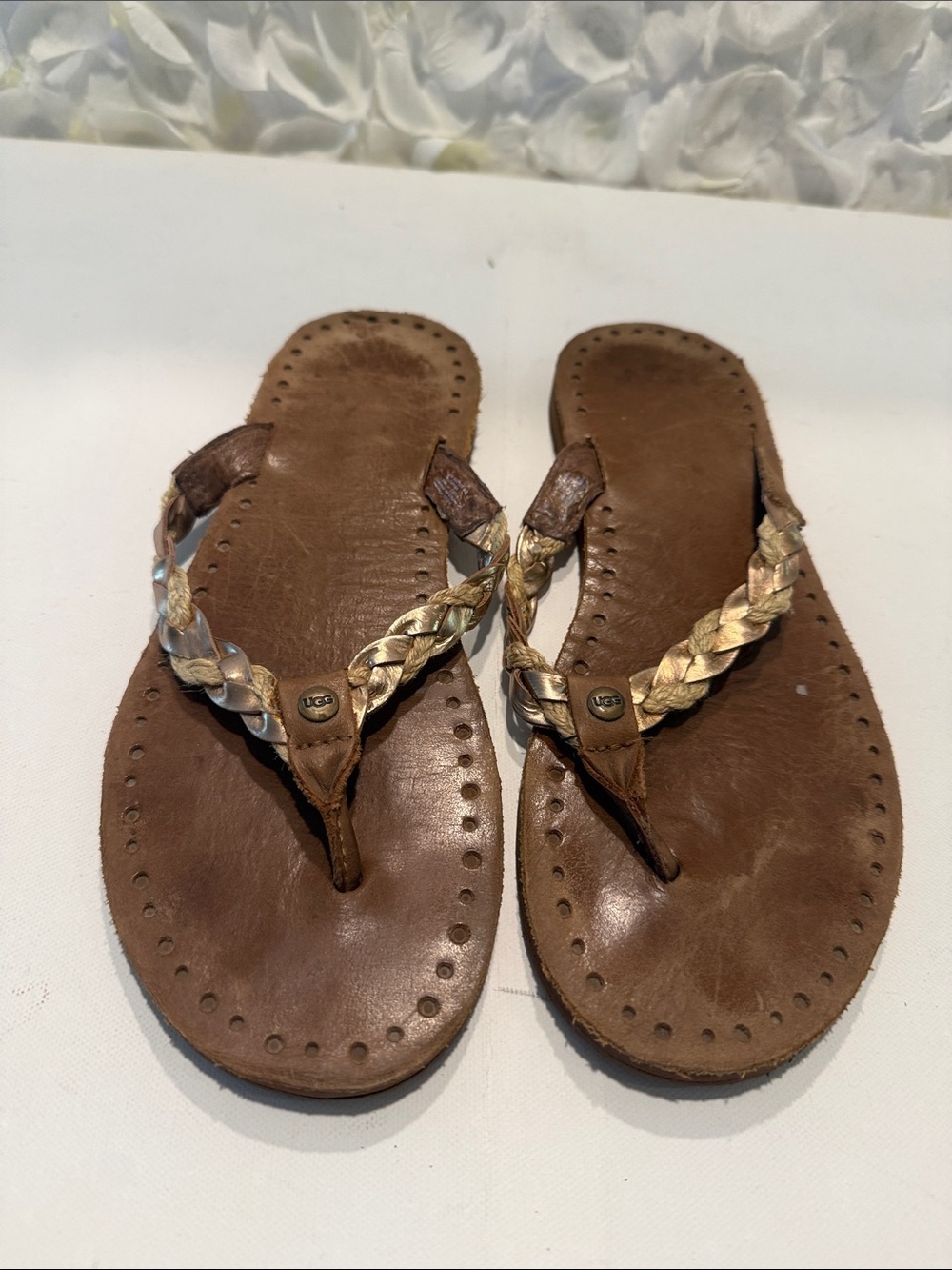 UGG Women's Brown Leather Braided Thong Sandals with Metallic Braids